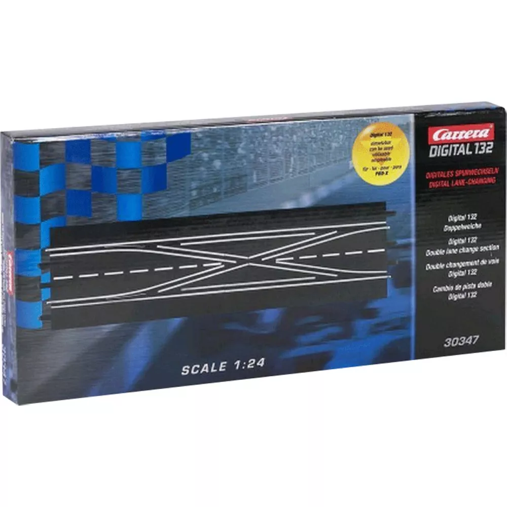 Verpackung der Carrera Digital 132 Doppelweiche im Maßstab 1:24 mit blauen und schwarzen Designdetails.
