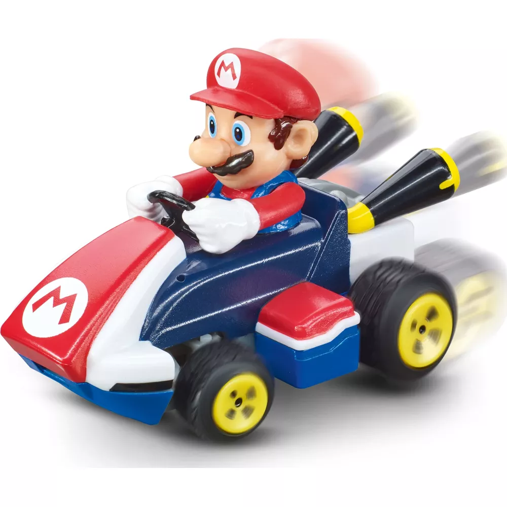 Mario fährt in einem blau-rot-weißen Kart mit Bewegungsunschärfe an Rädern und Raketen.