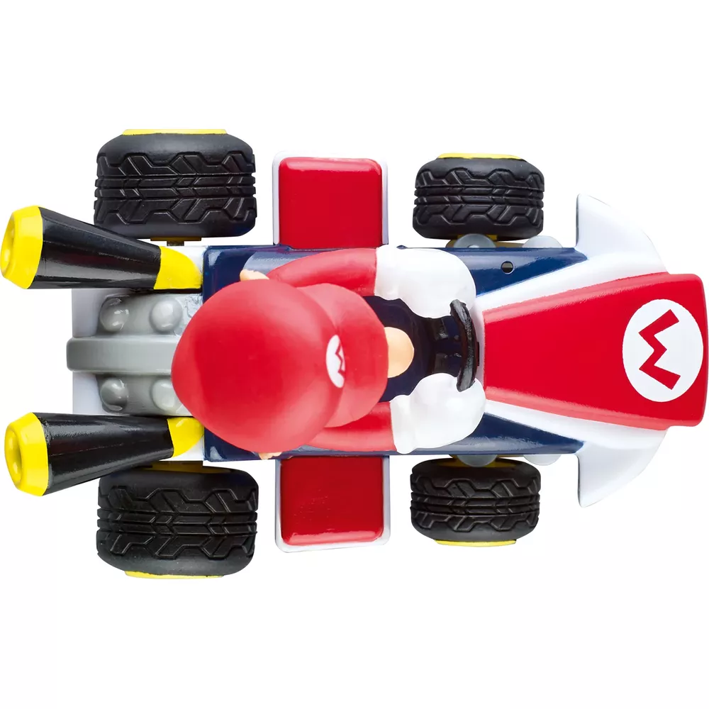 Mario fährt ein rot-weiß-blaues Spielzeug-Kart, Top-Down-Ansicht auf weißem Hintergrund.