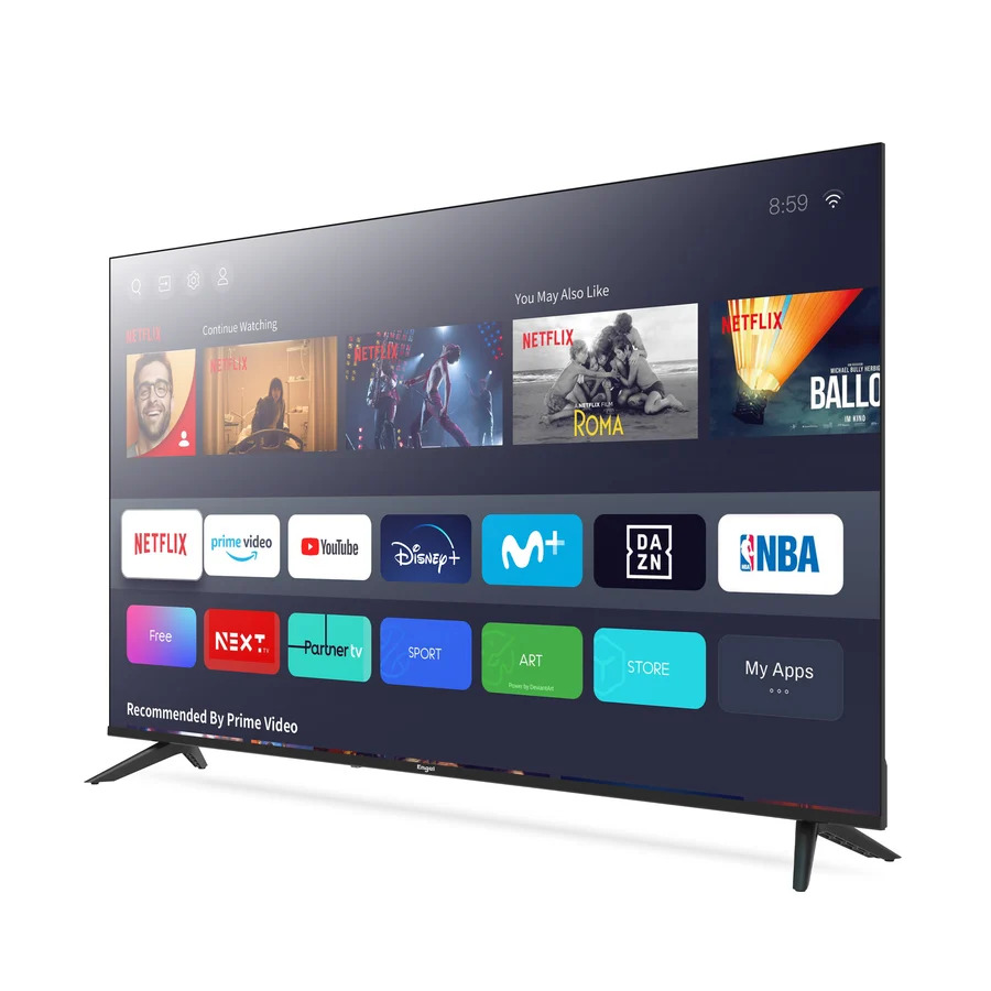 Un televisor inteligente muestra una pantalla de inicio con varios iconos de aplicaciones y programas.