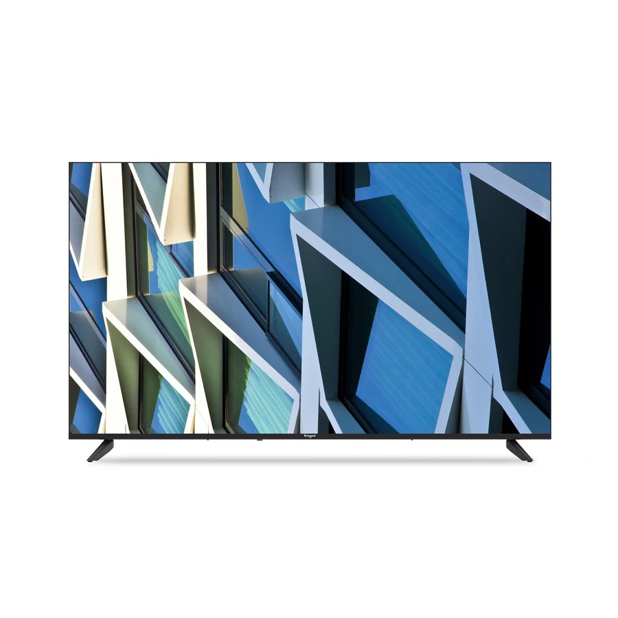 Un televisor de pantalla plana moderno con patas en V muestra arquitectura geométrica abstracta.