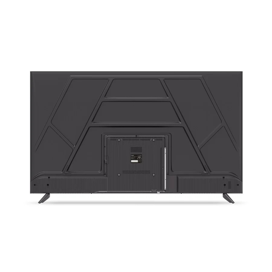 La parte posterior de un televisor plano negro con un patrón geométrico en la carcasa y soportes pequeños.