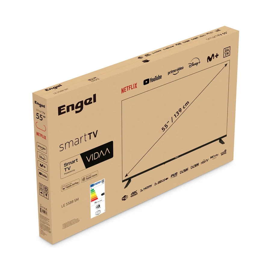 Caja de cartón para un televisor inteligente Engel de 55 pulgadas con logotipos.