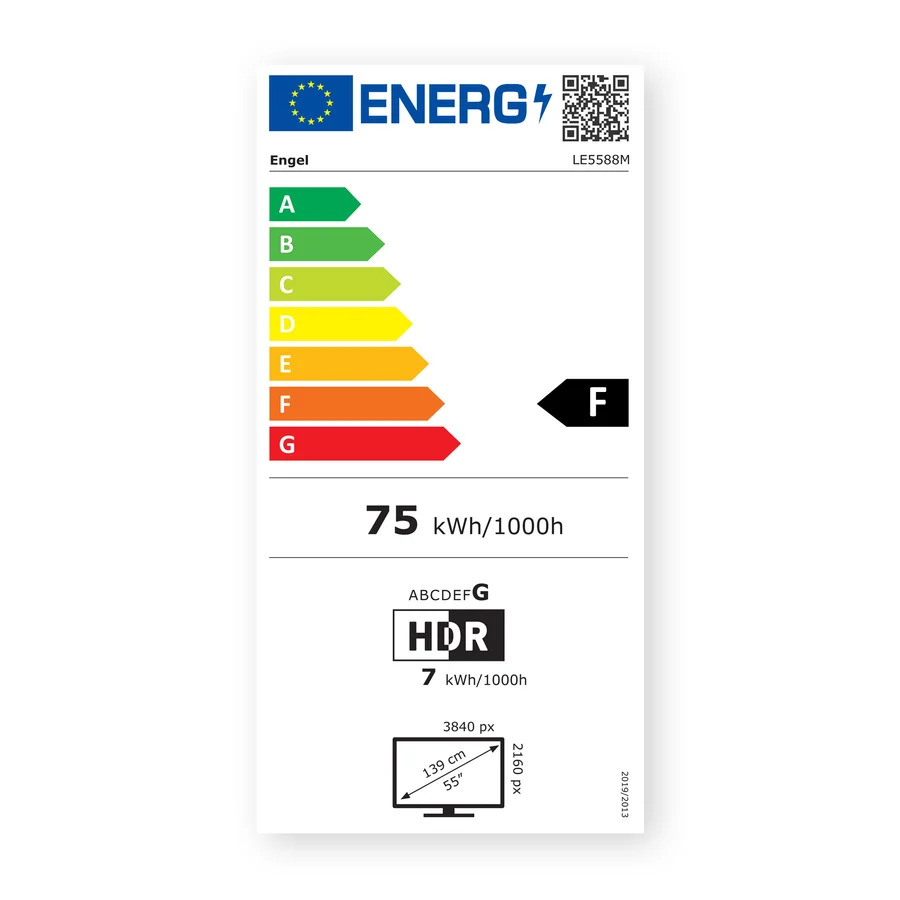 Etiqueta de eficiencia energética con calificación F para un televisor de 55 pulgadas.