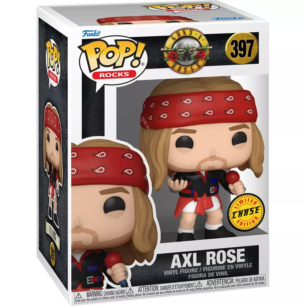 Figura in vinile Funko Pop di Axl Rose in scatola con bandana rossa e microfono.