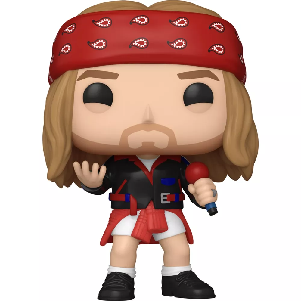 Una figura in vinile di un cantante rock con lunghi capelli biondi, bandana rossa e un microfono.