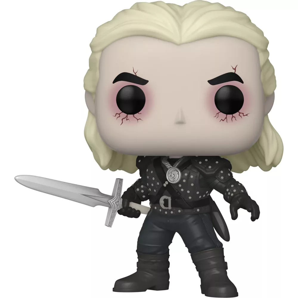 Una figura Funko Pop di Geralt di Rivia con capelli bianchi, armatura nera e una spada.