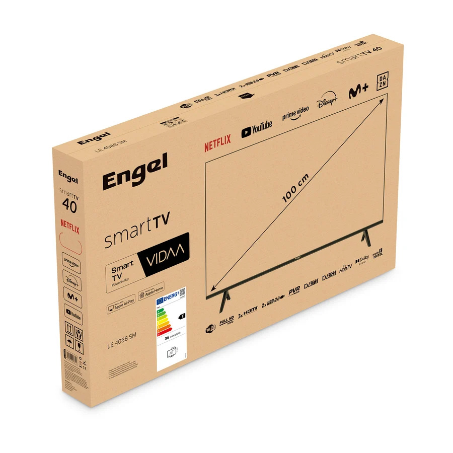 Embalaje de cartón de Engel Smart TV de 40 pulgadas con logotipos y detalles.