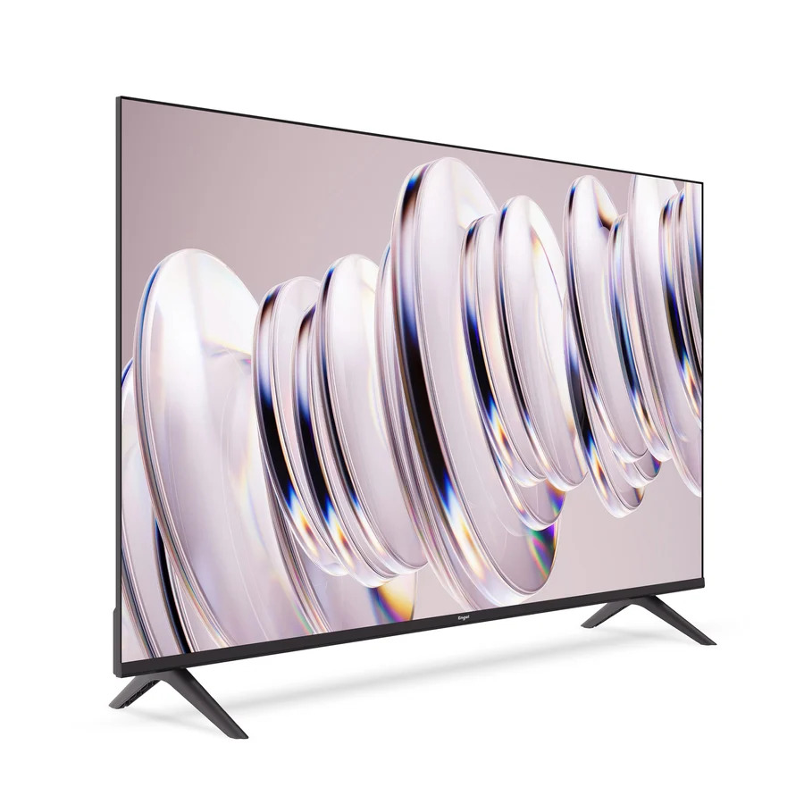 Un televisor de pantalla plana moderno sobre patas en forma de V muestra un patrón abstracto en la pantalla.