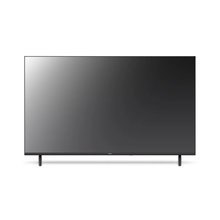 Un televisor moderno con marco negro y dos patas delgadas sobre un fondo blanco.
