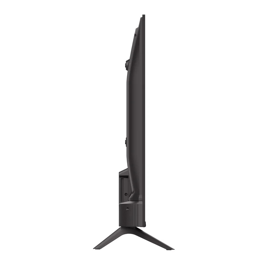 Vista lateral de un televisor negro delgado sobre un soporte en forma de V contra un fondo blanco.