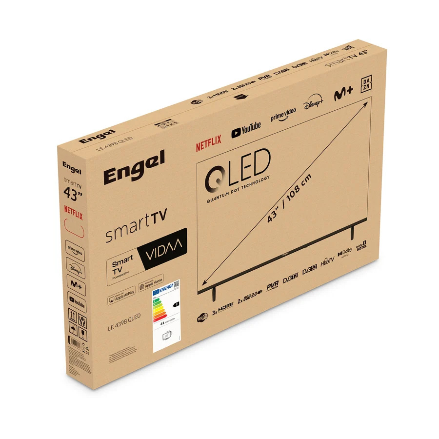 Caja de cartón para un Smart TV QLED Engel de 43 pulgadas con características y logotipos.