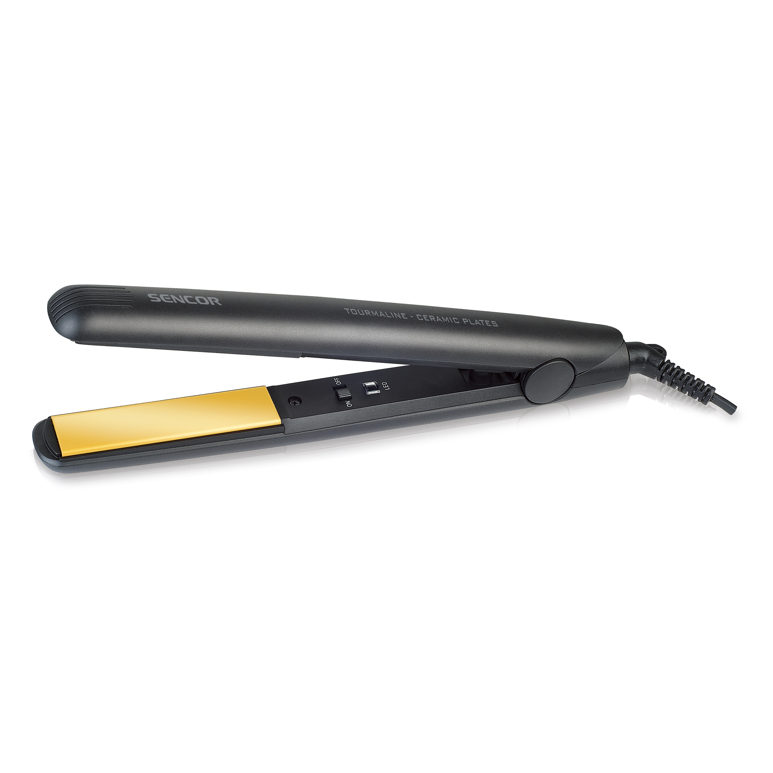 Piastra per capelli nera con piastre in ceramica dorata su sfondo bianco.
