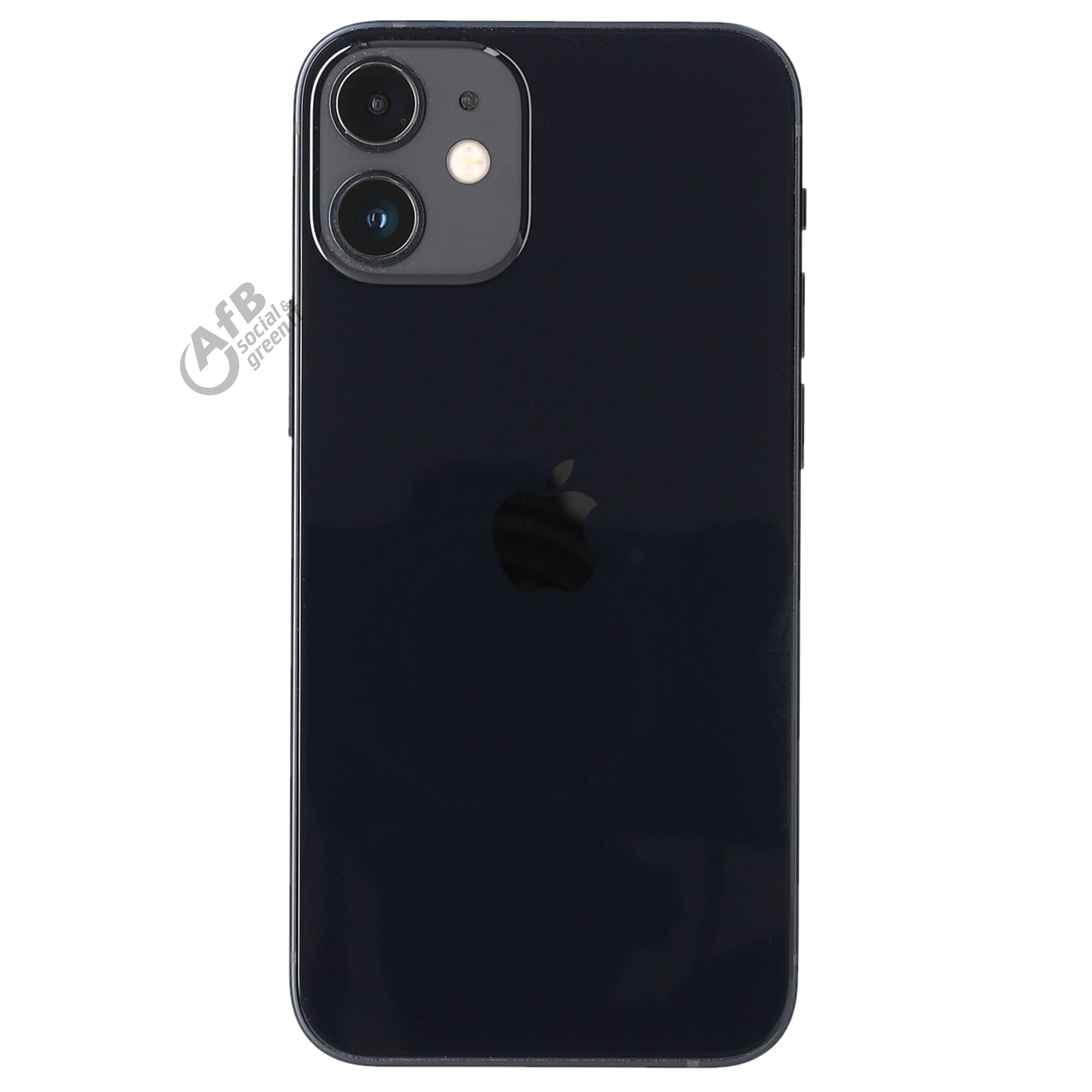 Il retro di un iPhone nero con una doppia fotocamera in alto a sinistra e il logo Apple al centro.