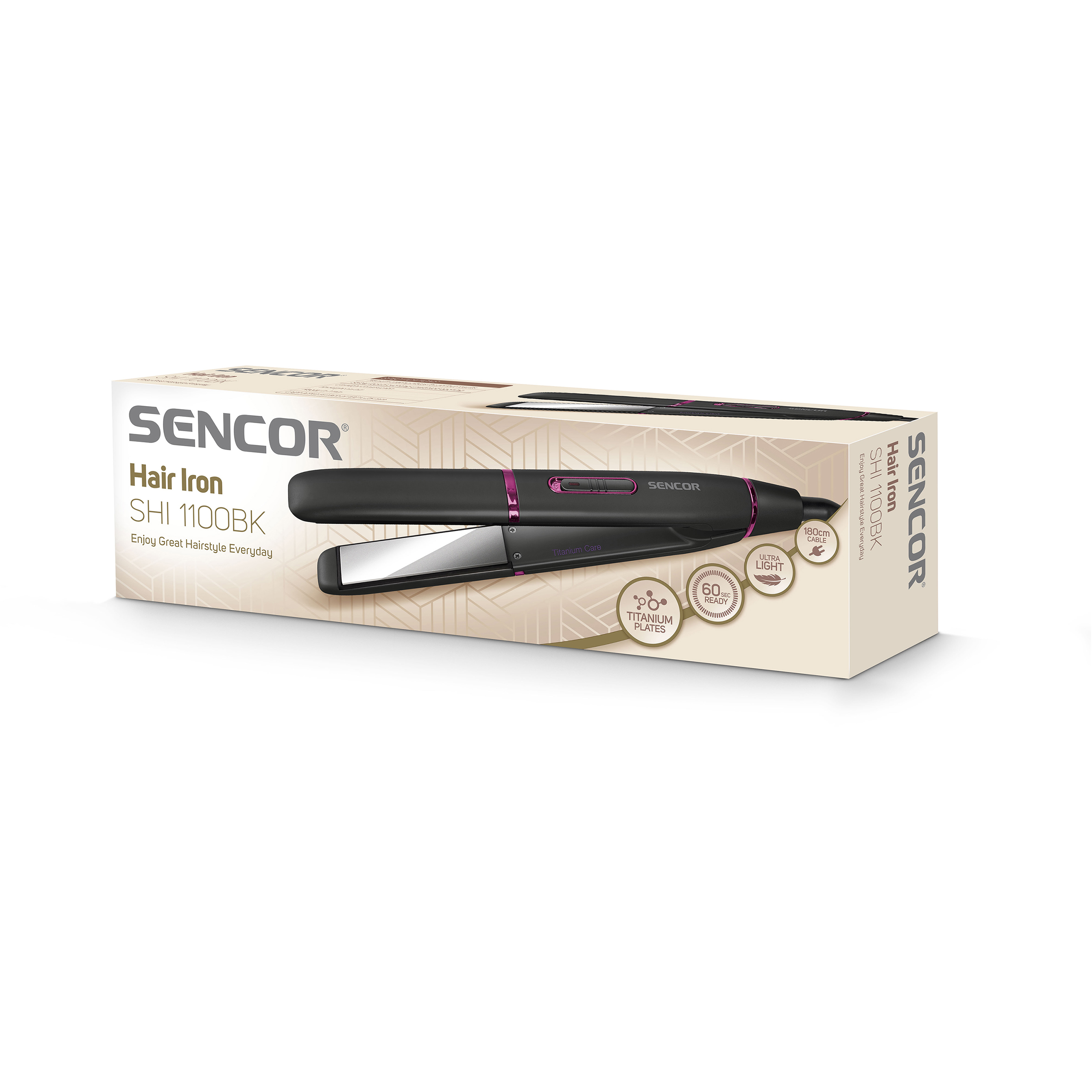 Sencor hair iron SHI 1100BK in box with titanium plates and Sencor branding.