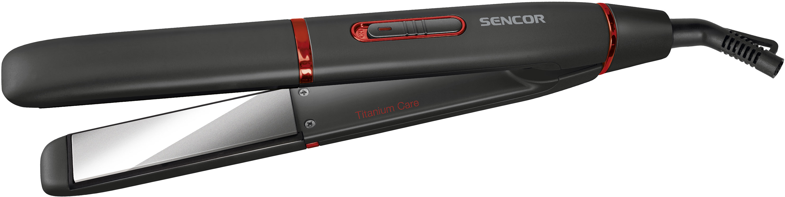 Black Sencor hair straightener with titanium coating and red accents.