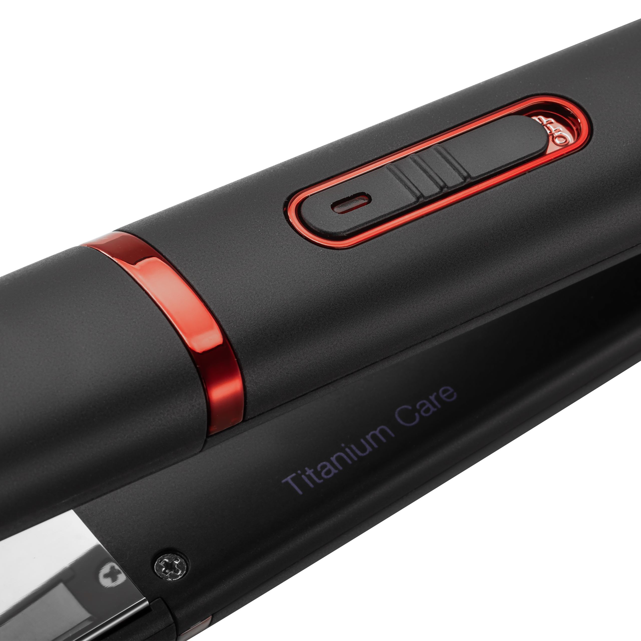 Close-up of a black hair straightener with red accents and the text Titanium Care.