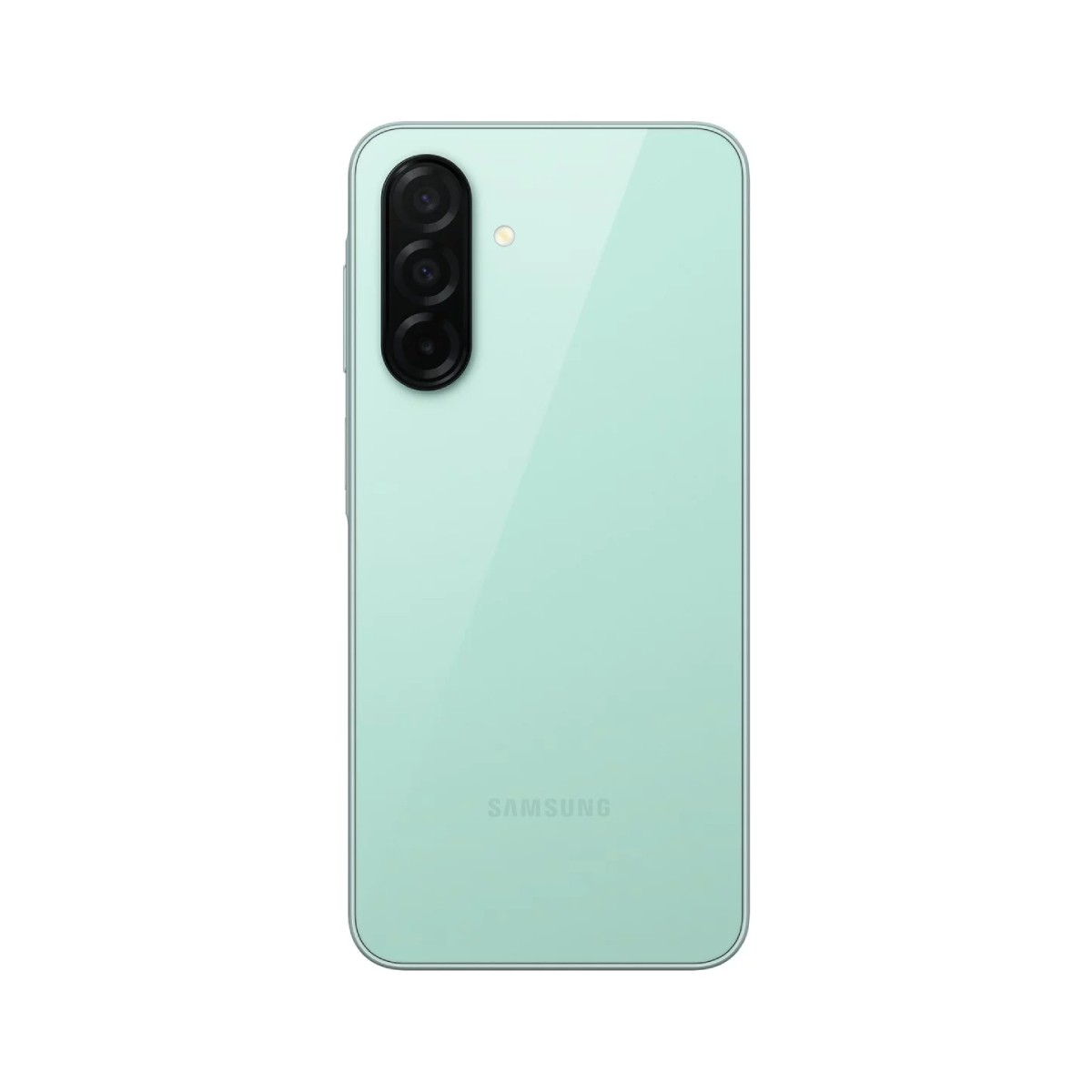 Retro di uno smartphone verde menta con un modulo a tripla fotocamera verticale e logo Samsung.