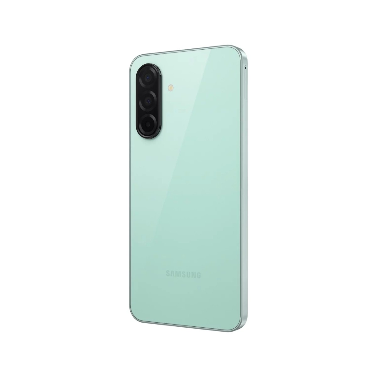 Retro di uno smartphone Samsung verde menta con tripla fotocamera verticale e logo.