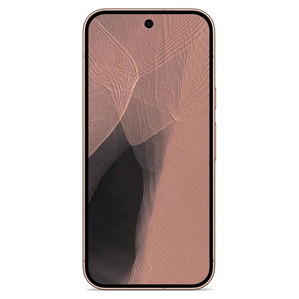 Smartfon w różowej obudowie wyświetla abstrakcyjny, falisty wzór w odcieniach brązu i czerni.