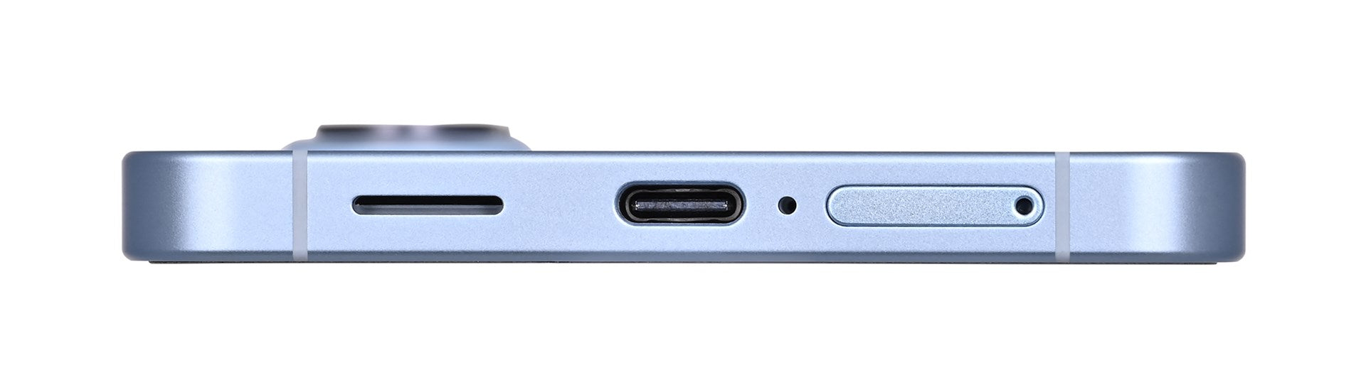 Vista inferior de un smartphone azul claro con puerto USB-C, micrófono y bandeja para tarjeta SIM.