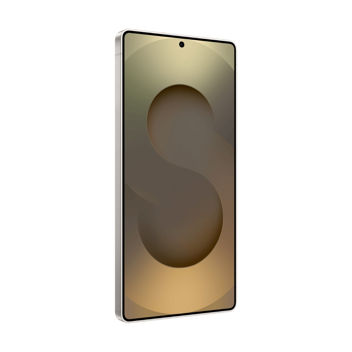 Uno smartphone con bordo chiaro e uno schermo che mostra un design marrone astratto.