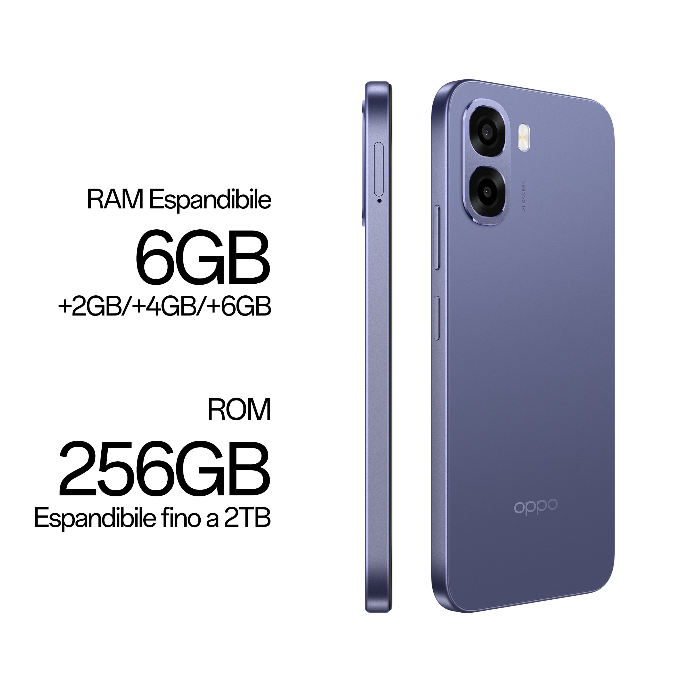 Uno smartphone Oppo viola con doppia fotocamera, 6GB di RAM espandibile e 256GB di ROM.