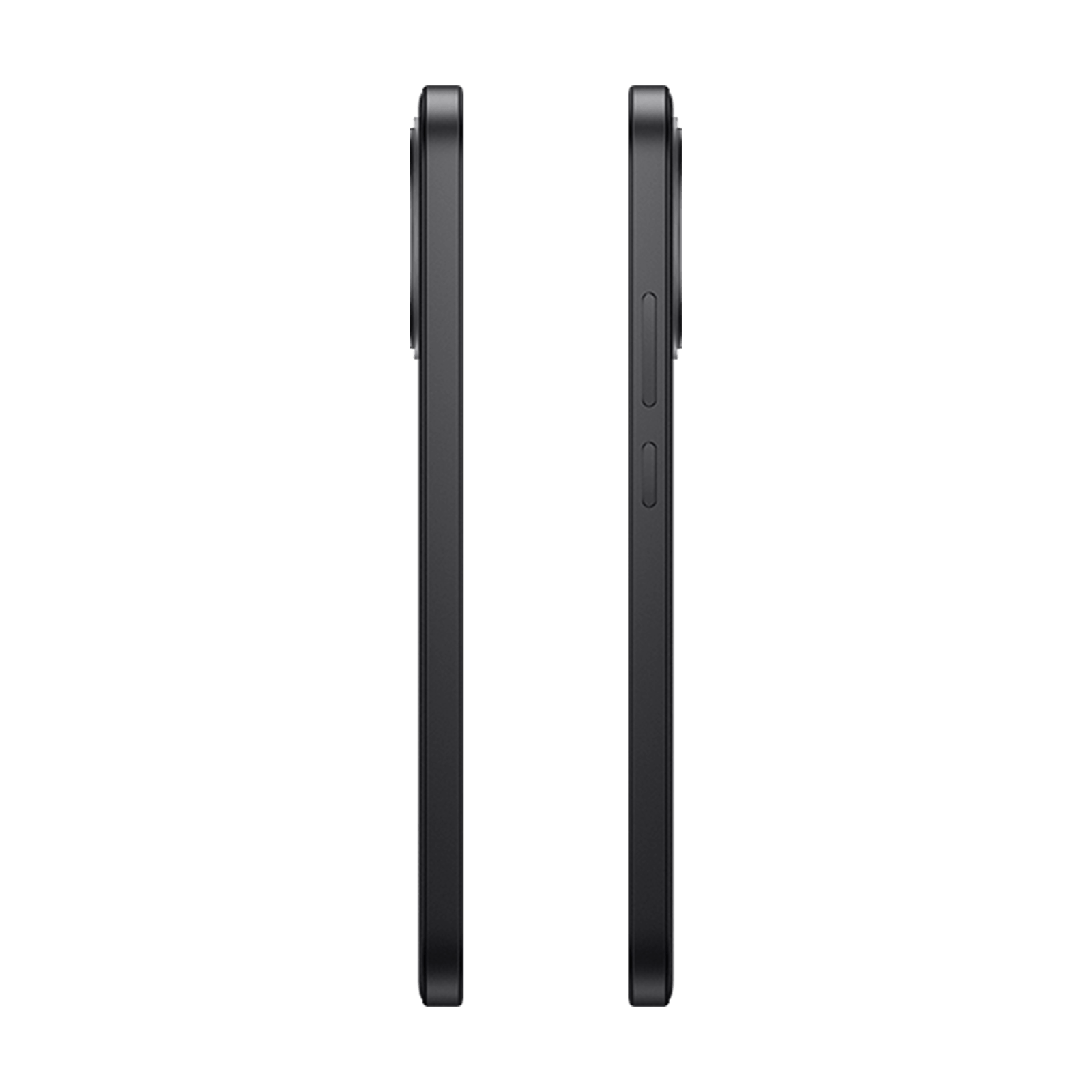 Zwei Ansichten eines schwarzen Smartphones mit linker und rechter Seite auf weißem Hintergrund.