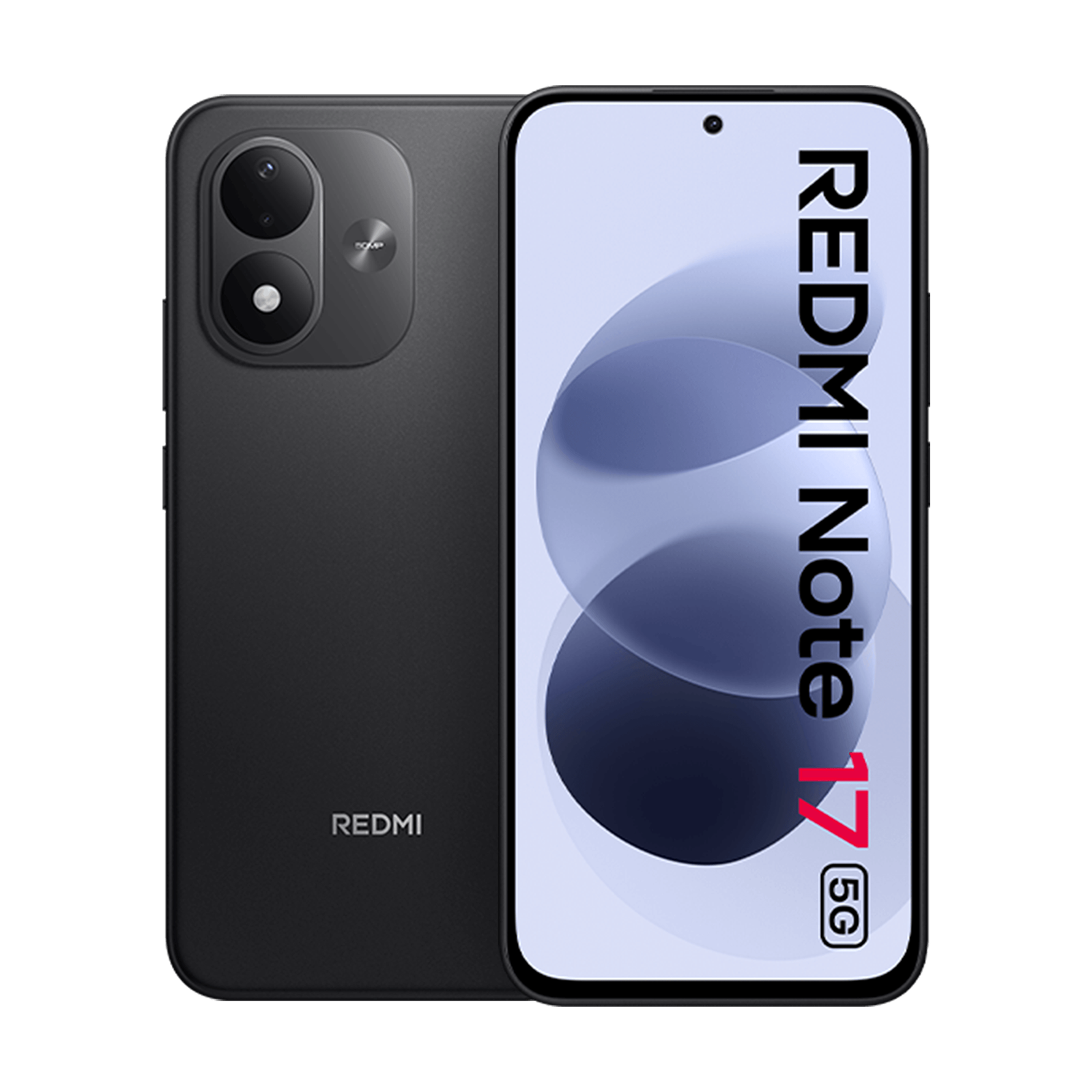 Smartphone negro Redmi Note 17 5G, mostrando parte delantera y trasera con doble cámara.
