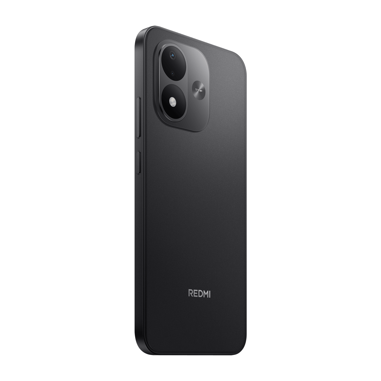 Parte trasera de un smartphone Redmi negro con dos cámaras en un módulo ovalado y logo.