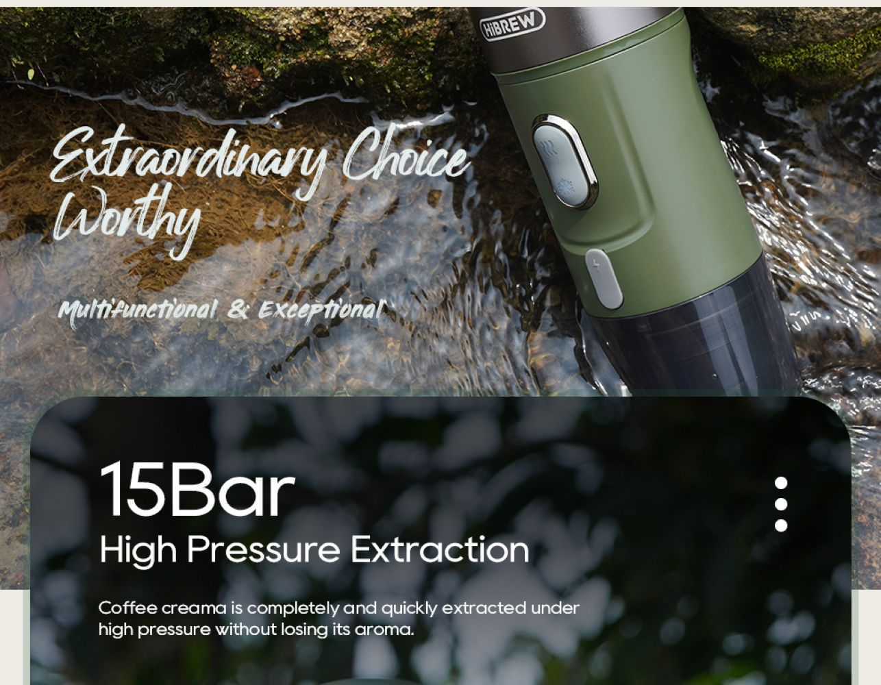 Una cafetera verde junto a una cascada con texto publicitario sobre 15 bares.
