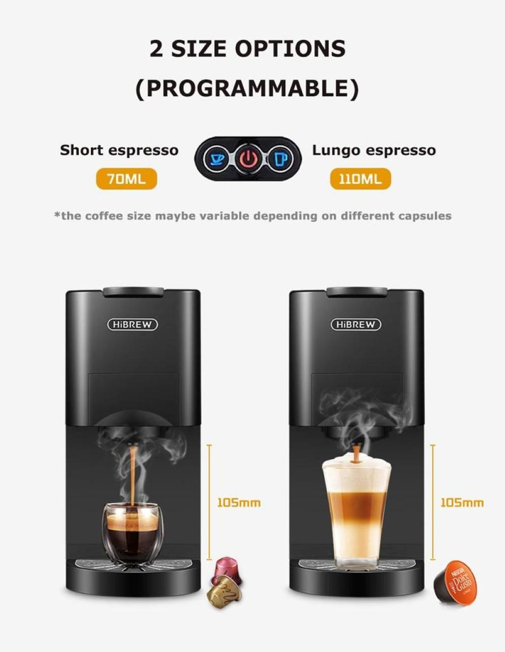 Cafetera muestra dos tamaños programables: Espresso corto (70ml) y Espresso lungo (110ml).