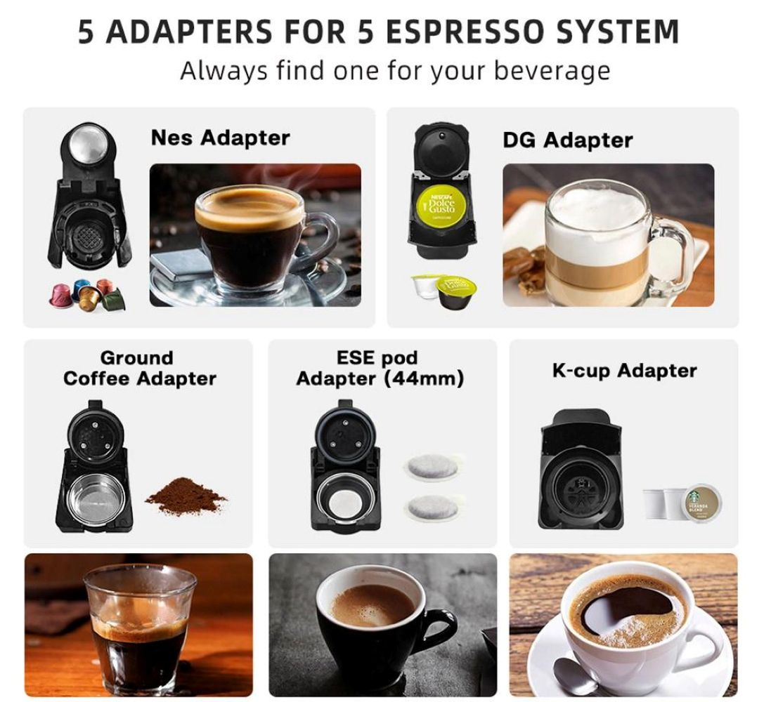 Cinco adaptadores de cafetera diferentes mostrados con sus cápsulas, monodosis y bebidas de café preparadas.