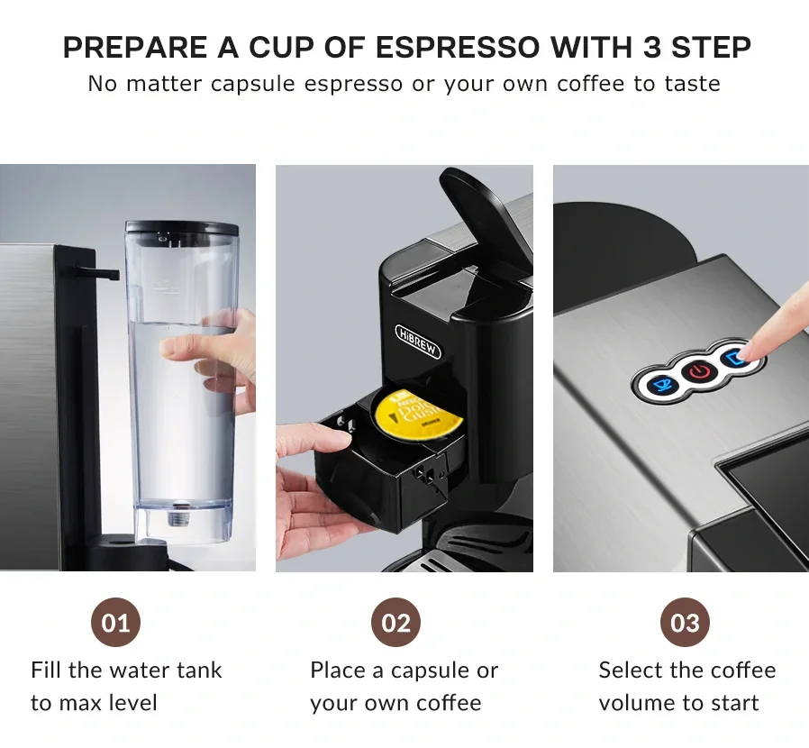 Guía de tres pasos para café: llenar el tanque de agua, insertar la cápsula y seleccionar el volumen.