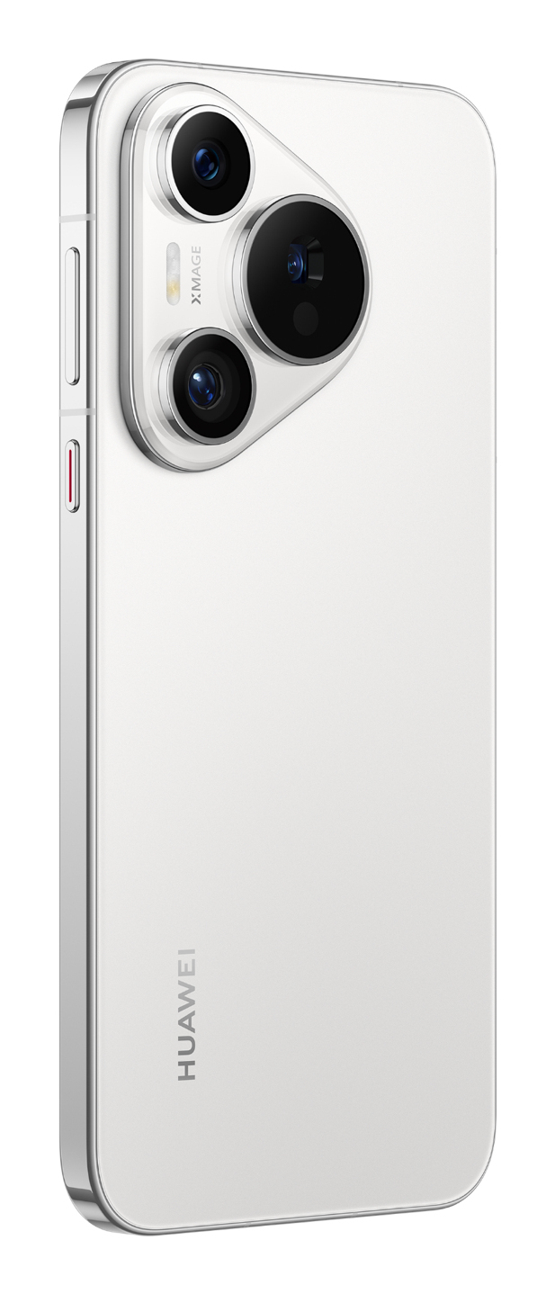 Rückseite eines weißen Smartphones mit dreieckigem Kameramodul und HUAWEI-Logo.