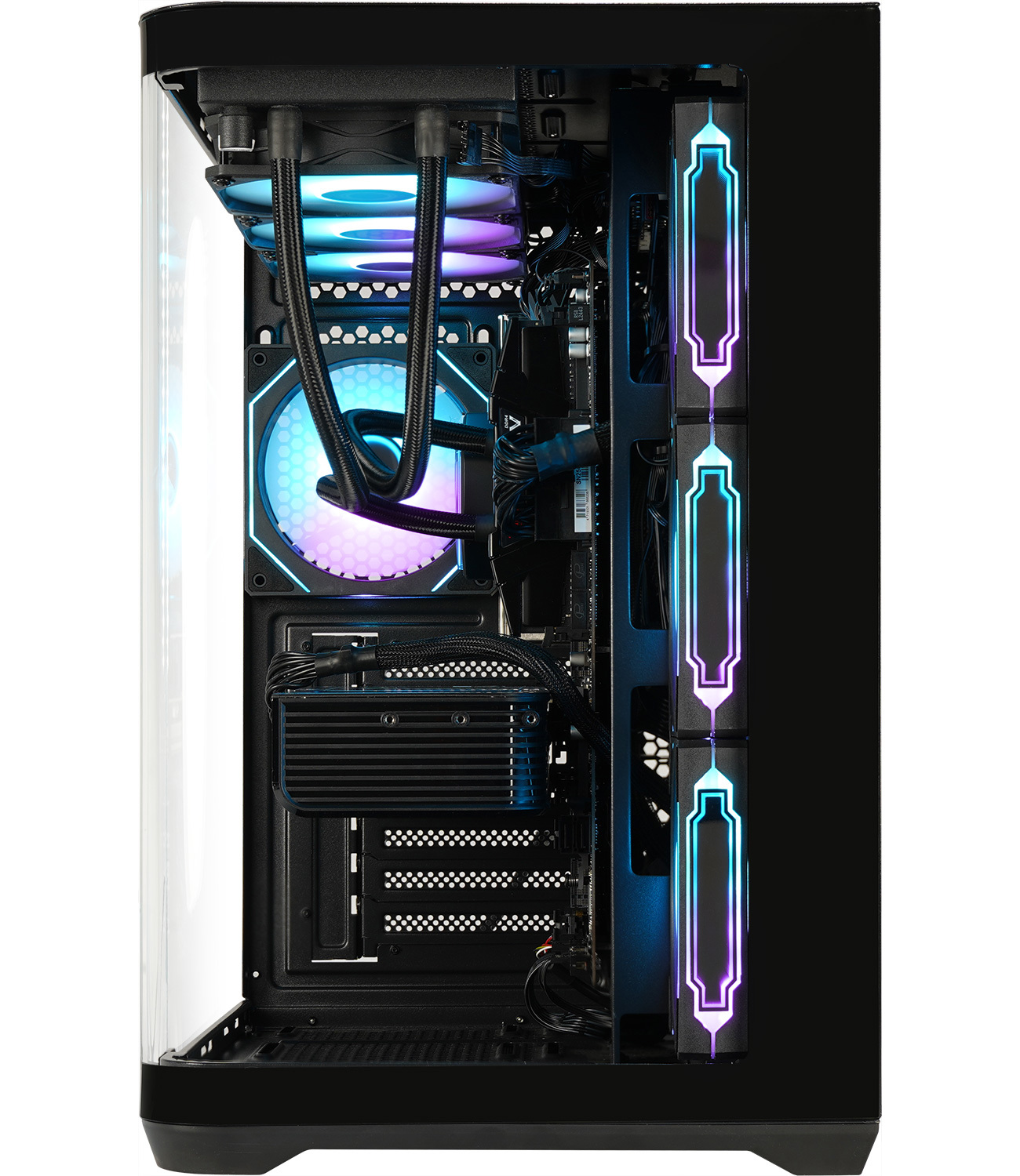 Inside of a black PC case showing glowing fans, liquid cooling tubes, and internal components.