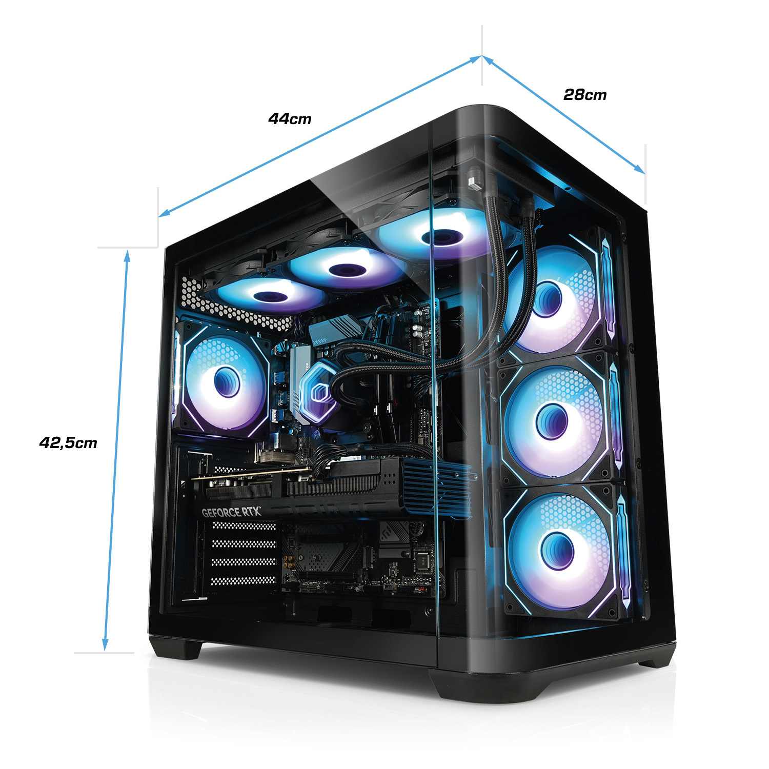 A black PC case with glass panels, glowing blue fans, and dimension arrows showing 44cm, 28cm, and 42.5cm.