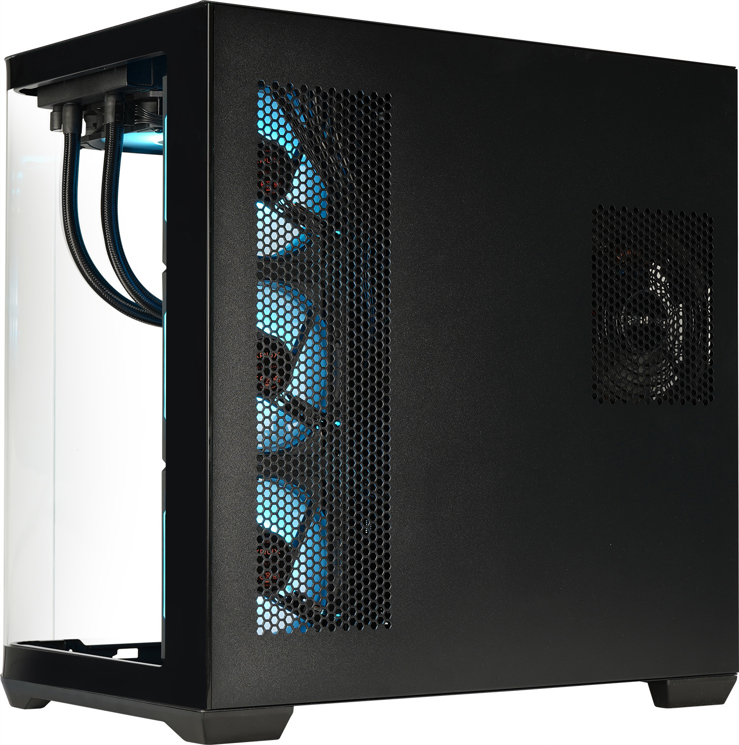 Black PC case with a mesh front panel, blue interior lighting, and water cooling tubes.
