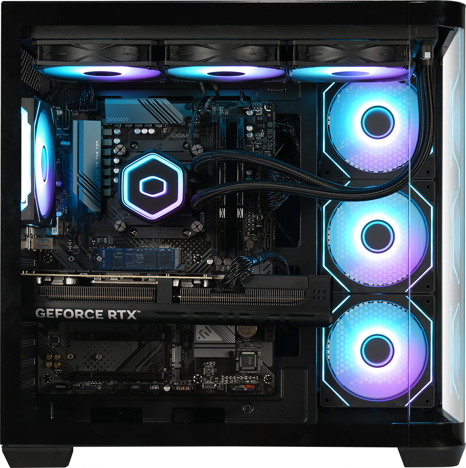 Inside of a black PC case with colorful RGB cooling fans, a GeForce RTX graphics card, and liquid cooling.