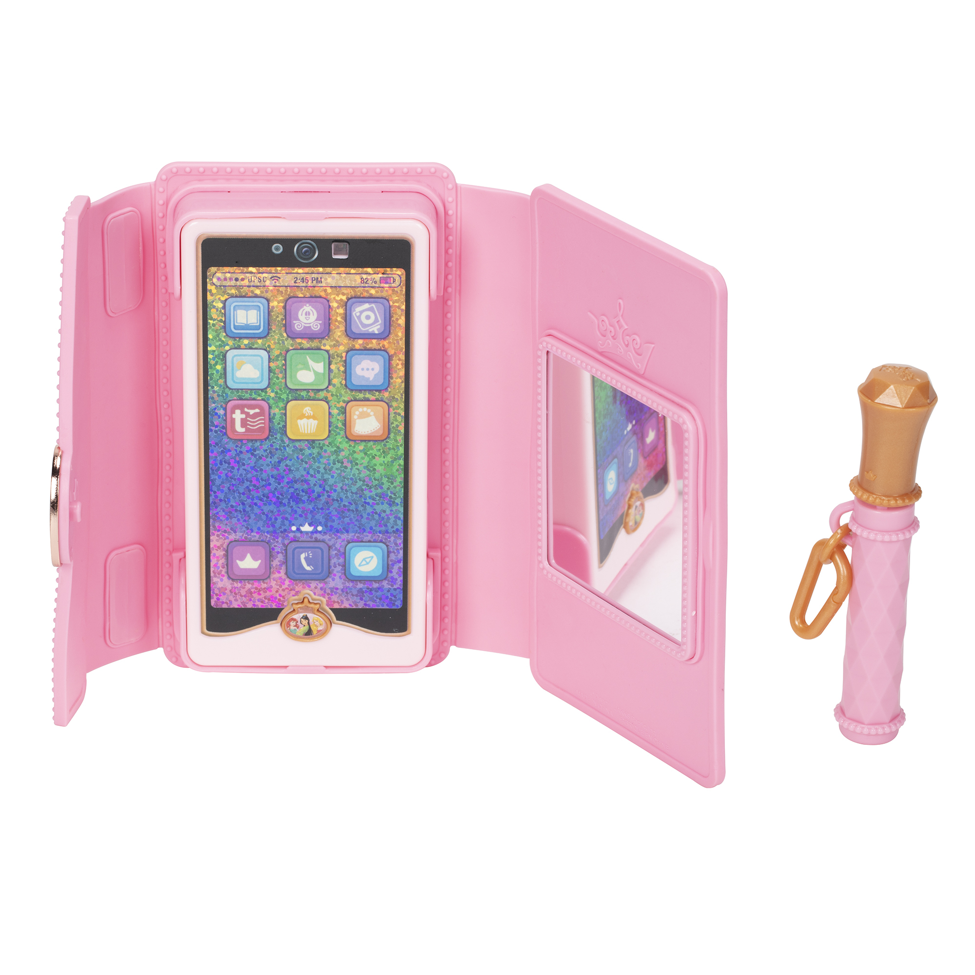 Un teléfono de juguete rosa dentro de un estuche con un espejo y una varita dorada.