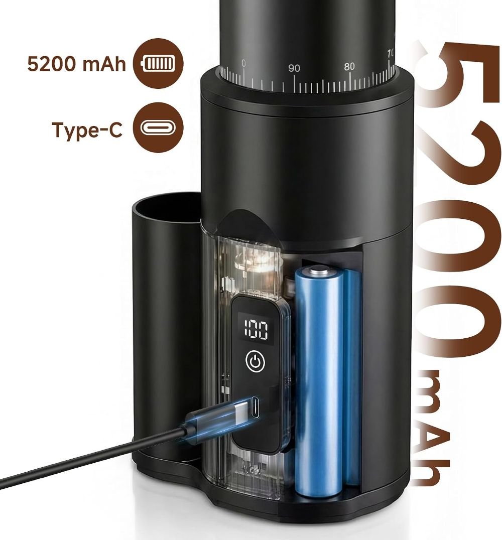 Molinillo de café negro con batería de 5200 mAh y puerto de carga USB-C.