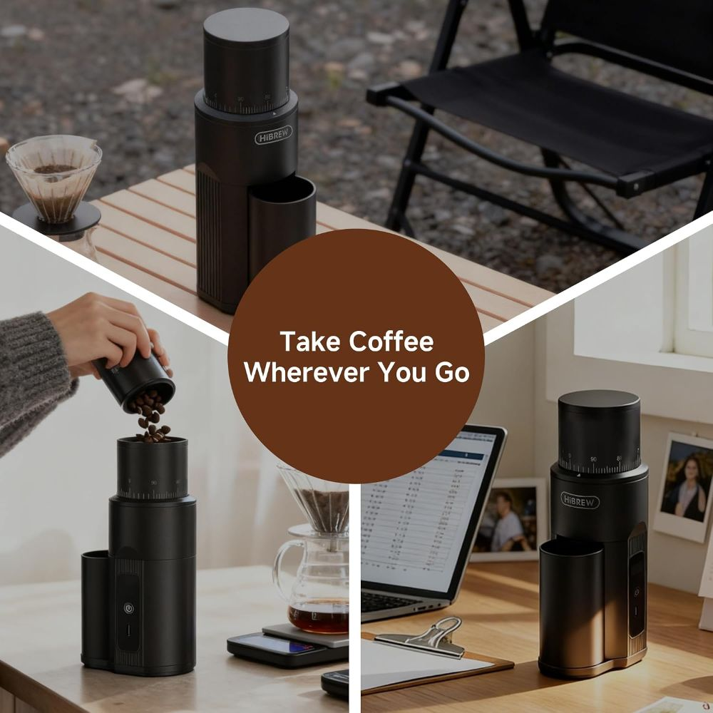 Un molinillo de café negro portátil HiBrew se utiliza al aire libre y en la oficina para moler café fresco.