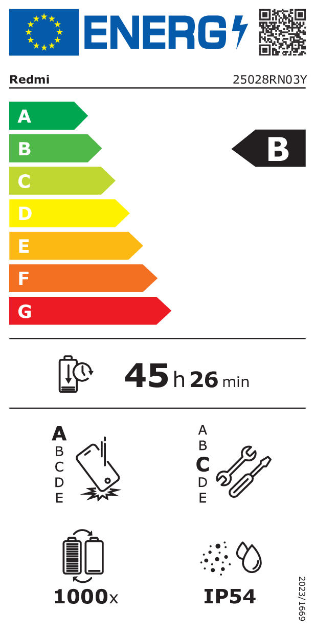 Etiqueta de eficiencia energética de Redmi con clase B e iconos de duración de batería y protección.