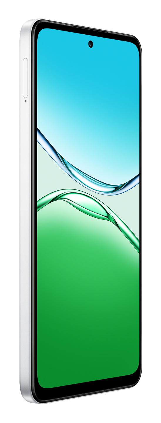 Ekranında canlı yeşil ve mavi soyut duvar kağıdı bulunan beyaz bir akıllı telefon.