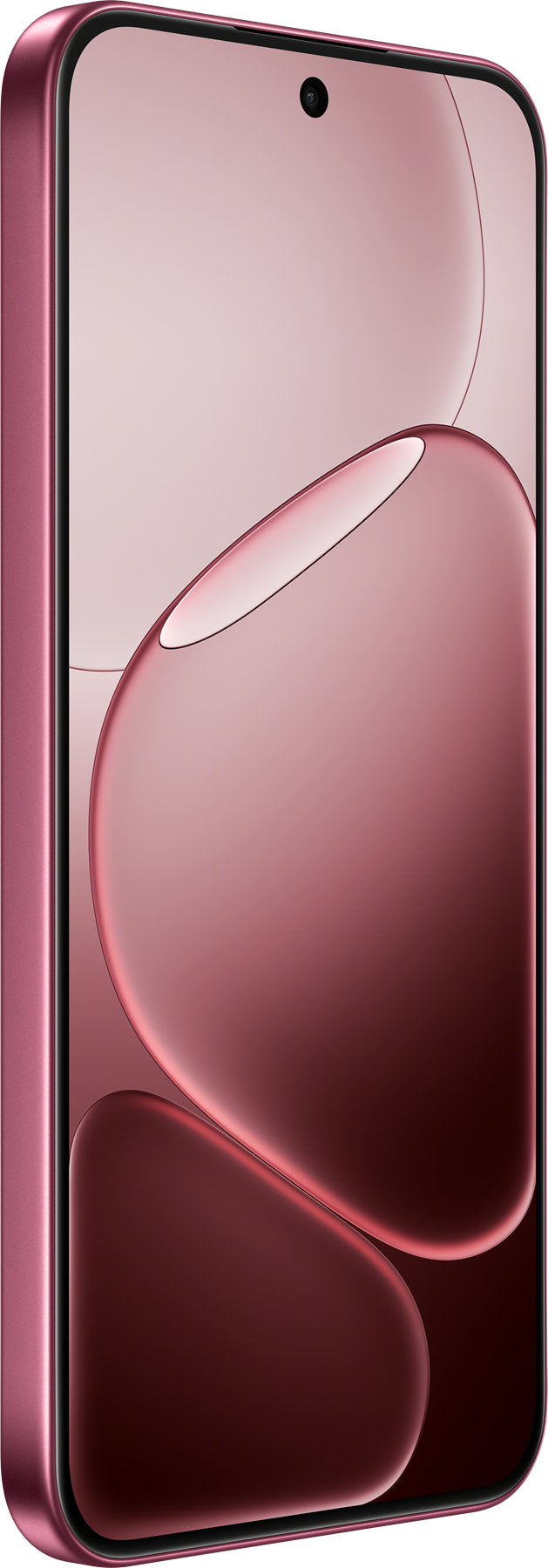 Pembe-kırmızı tasarımlı, kavisli ekranlı ve ekranında soyut pembe baloncuklar olan akıllı telefon.