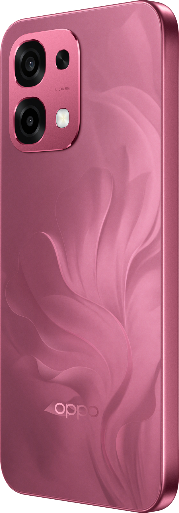 Çift kameralı ve çiçek desenli pembe bir Oppo akıllı telefonun arkası.