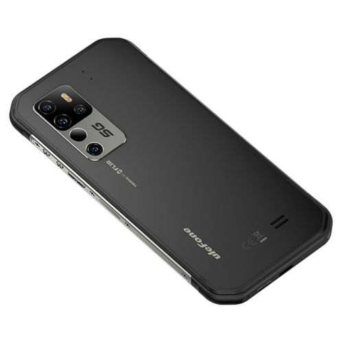 Parte trasera de un smartphone Ulefone negro resistente con múltiples cámaras y logotipo 5G.