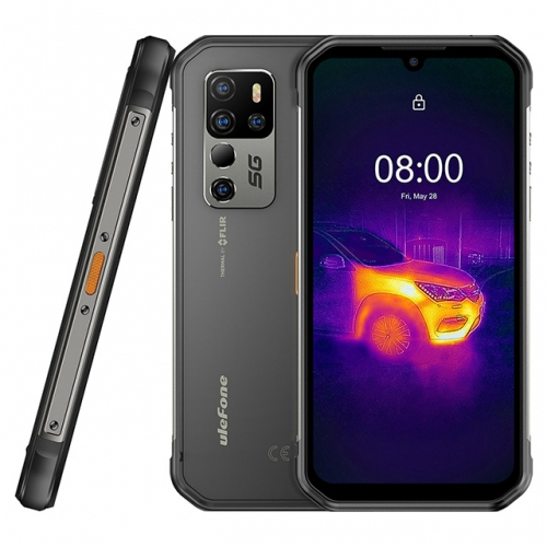 Smartphone gris resistente con cámara multiobjetivo, botones laterales y pantalla con imagen térmica de un auto.