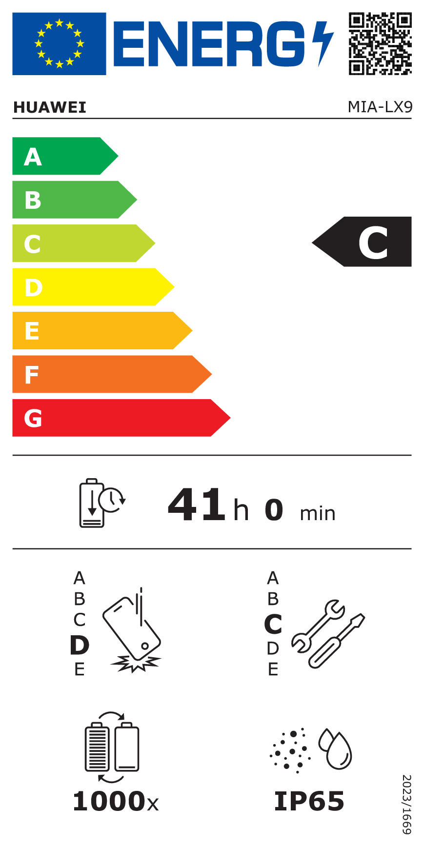 Etichetta energetica classe C, 41h di autonomia, indice di riparazione D e protezione IP65.