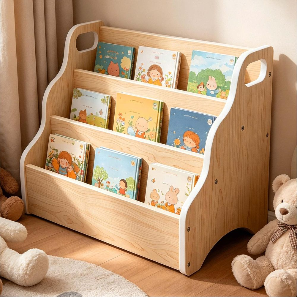 Ein hölzernes Kinderregal voller bunter Bilderbücher, flankiert von Plüschbären auf einem Holzboden.